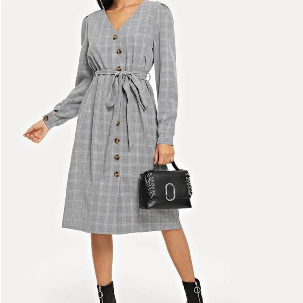 V Neck Plaid Dress